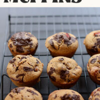 Cherry dark chocolate chip muffins on a cooling rack with text above them saying vegan and simple to make