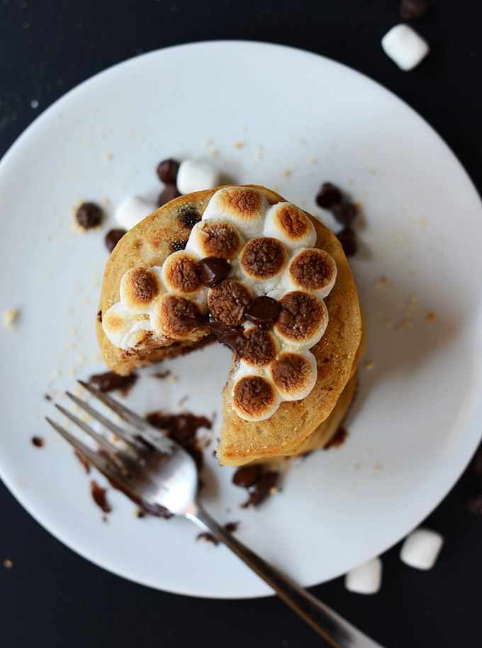 Plate of Smores pancakes for a decadent vegan breakfast
