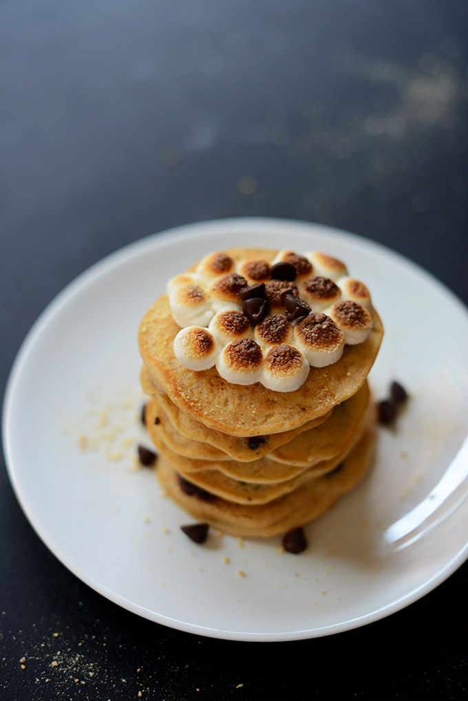 Tall stack of our Vegan Smores Pancakes recipe