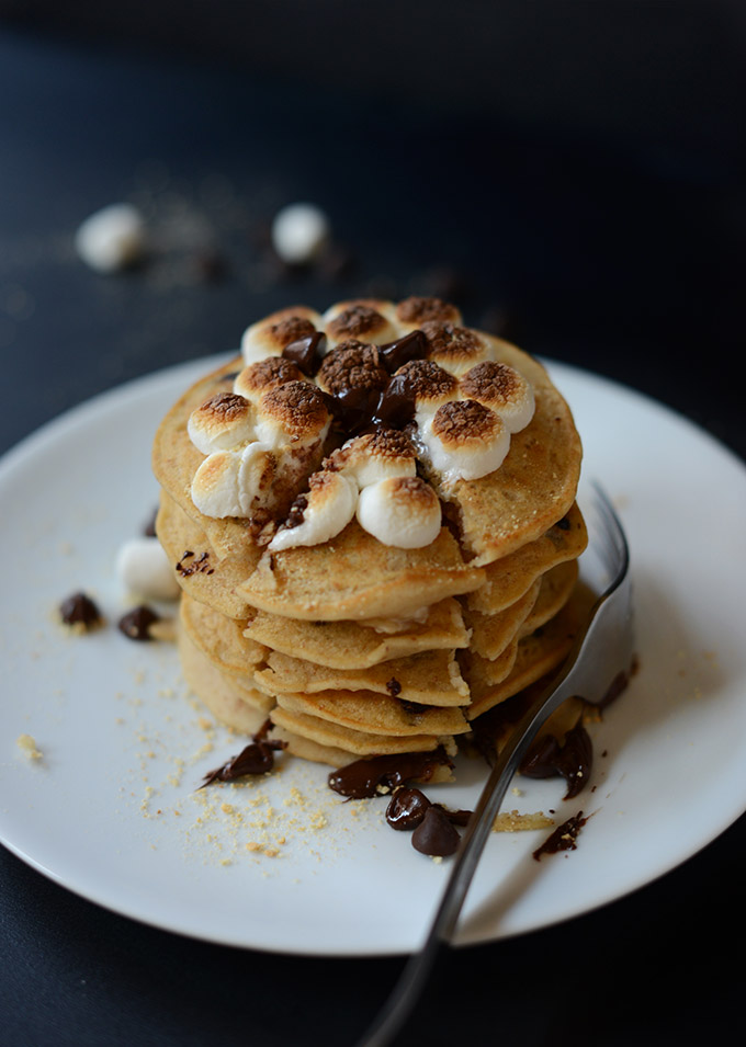 Slice cut from a stack of Vegan Smores Pancakes