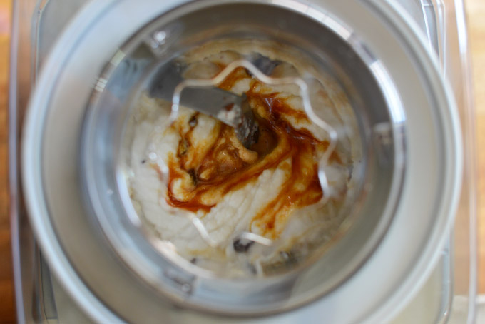 Batch of our Vegan Snickers Ice Cream recipe in an ice cream maker