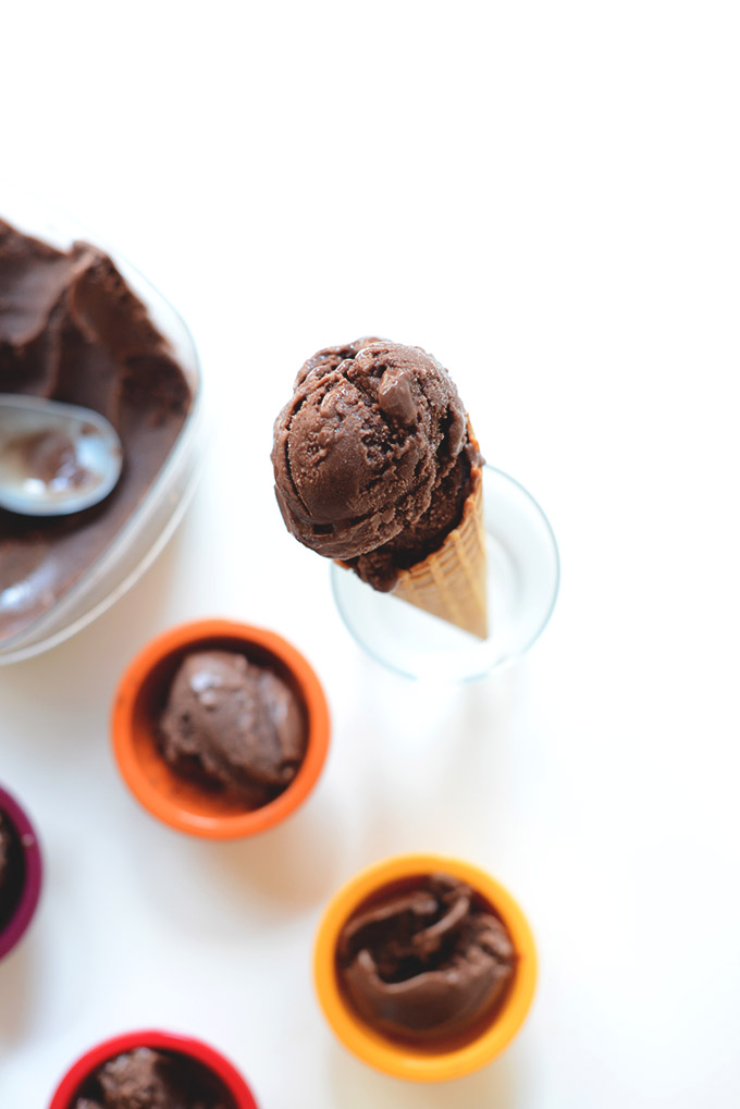 Cone and bowls filled with scoops of our Dairy-Free Chocolate Ice Cream recipe