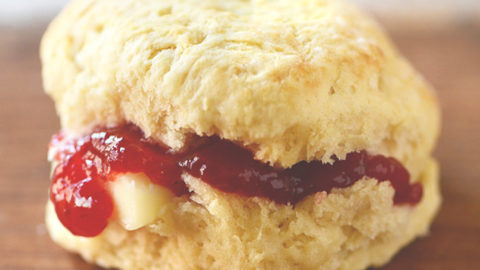 A mouthwatering vegan biscuit stuffed with jam and butter