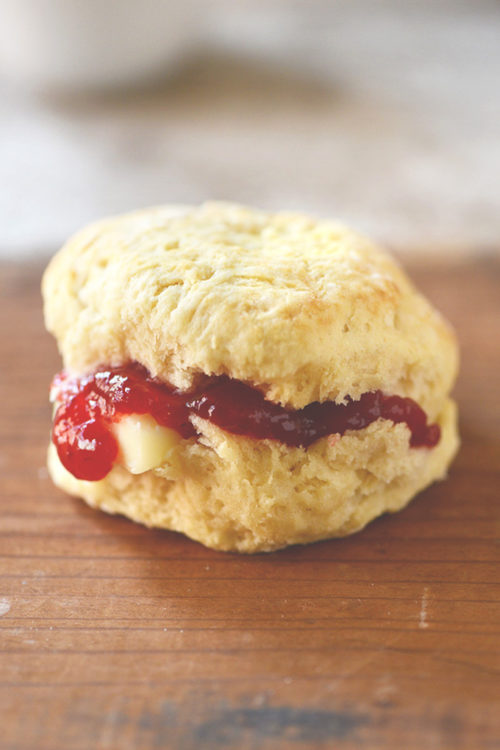A mouthwatering vegan biscuit stuffed with jam and butter