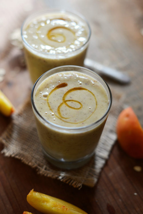 Two Peach Oat Chia Smoothies for a quick and easy breakfast