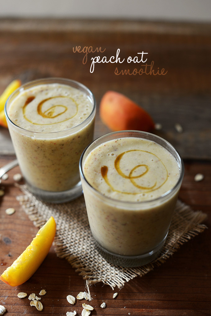 Glasses of our Vegan Peach Oat Smoothie