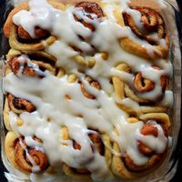 Pan of the World's Easiest homemade Cinnamon Rolls drizzled with icing