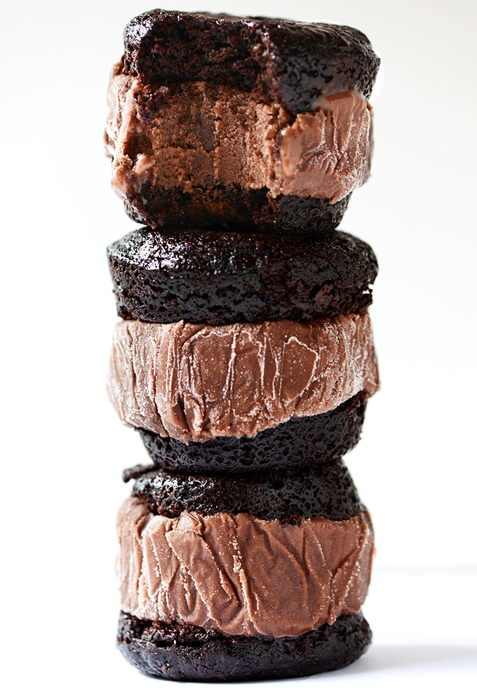 Stack of dairy-free Brownie Ice Cream Sandwiches