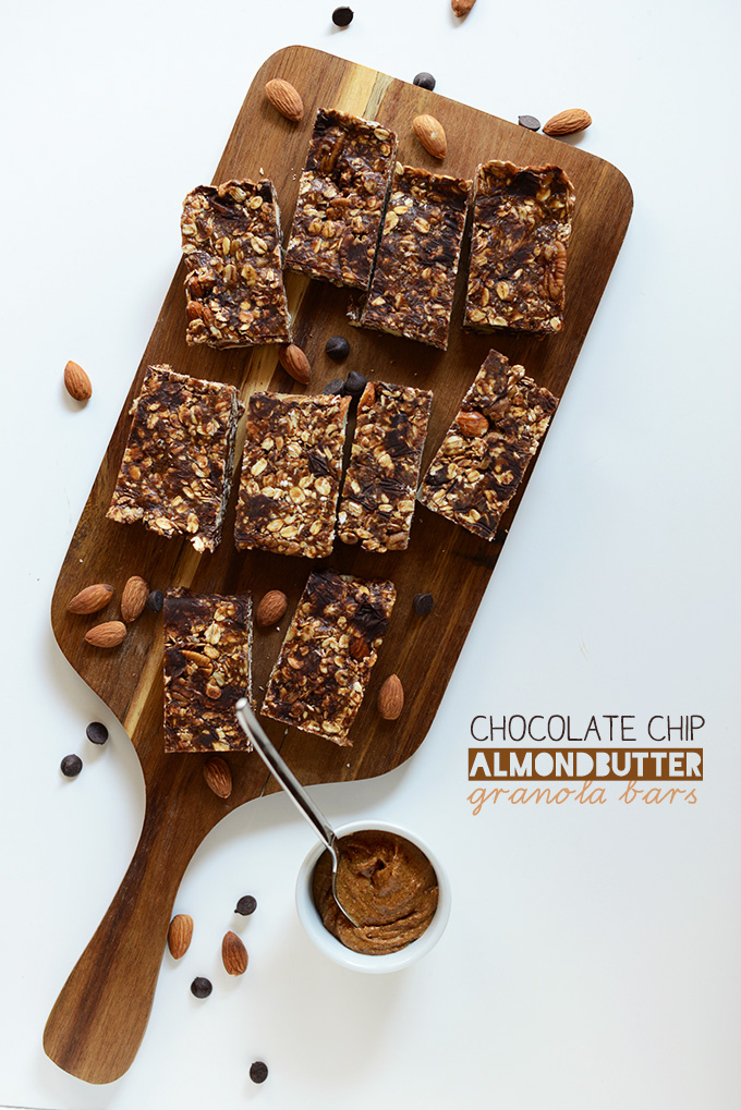 Cutting board filled with homemade Chocolate Chip Almond Butter Granola Bars