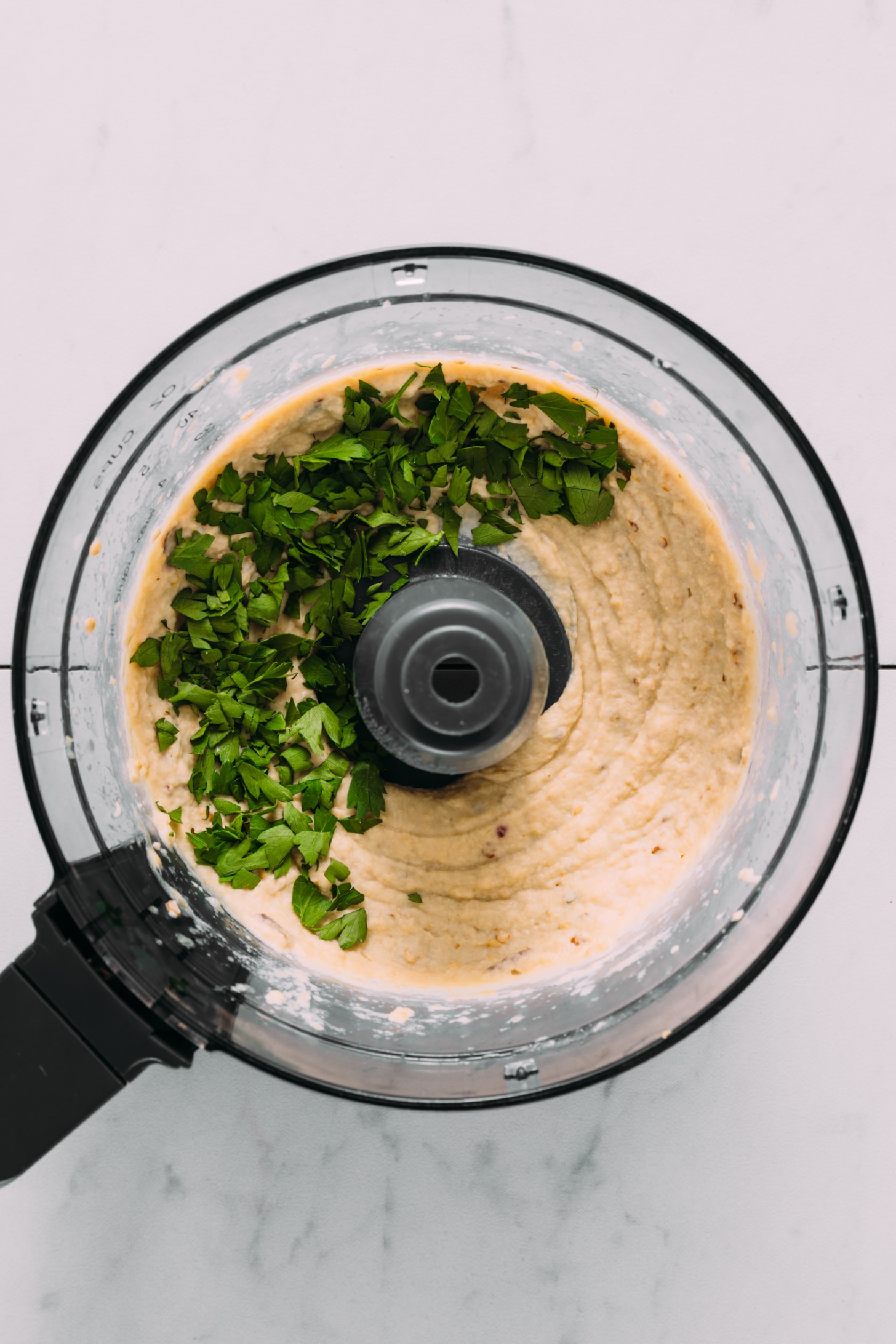 Food processor with freshly made baba ganoush topped with fresh parsley