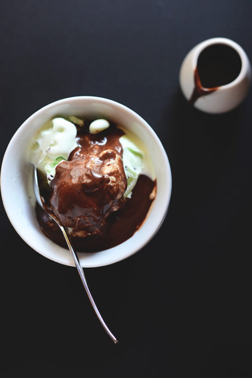 Bowl of ice cream with hot fudge for a delicious vegan dessert