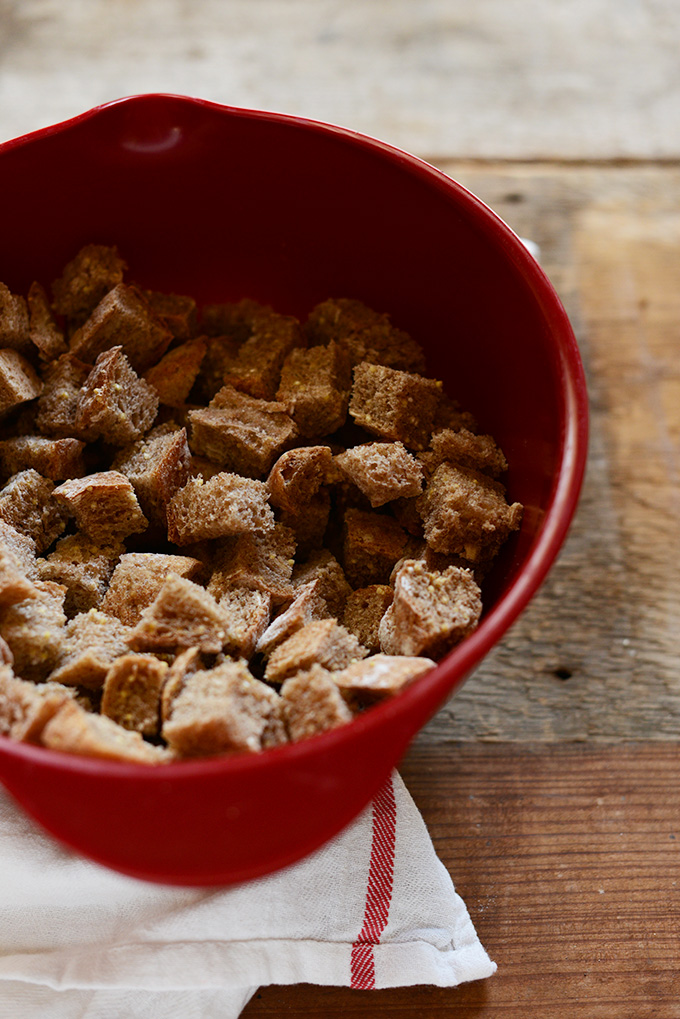 Bowl of whole grain bread cubes for making our Apple French Toast Bake recipe