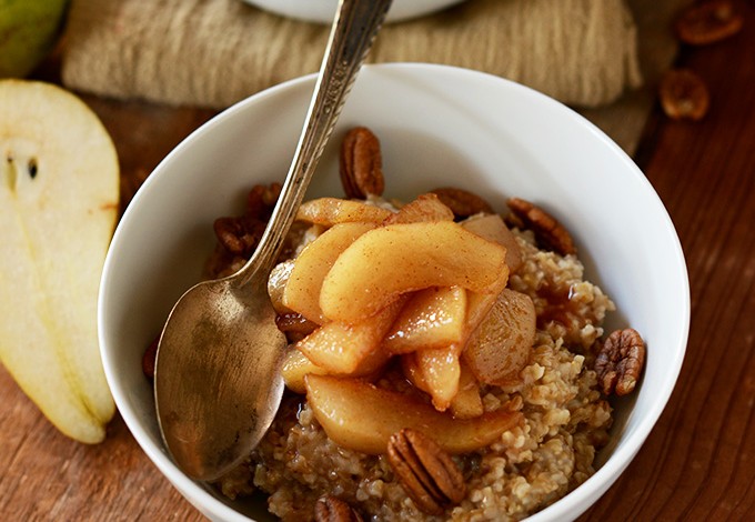 Bowl of Brown Sugar Pear Steel Cut Oats for a healthy vegan breakfast