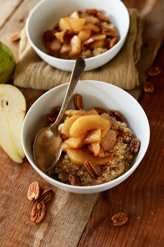 Two bowls of our Brown Sugar Pear Steel Cut Oats recipe