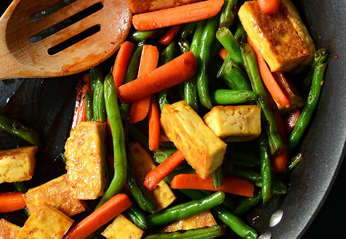 Skillet filled with Easy Tofu Stir-Fry with vegetables