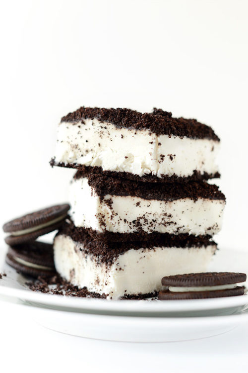 Stack of Vegan Dirt Cake squares made from oreo cookies