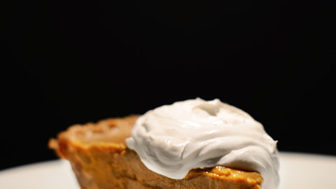 A slice of our Vegan No-Bake Pumpkin Pudding Pie recipe resting on a plate