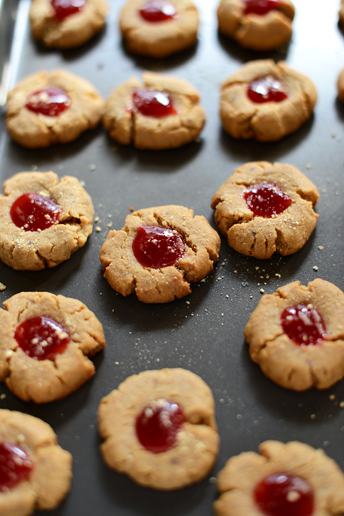vegan peanut butter thumbprint cookies with strawberry jam graham crackers