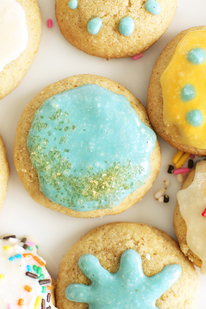 Sugar cookies decorated with blue, yellow, and white homemade frosting