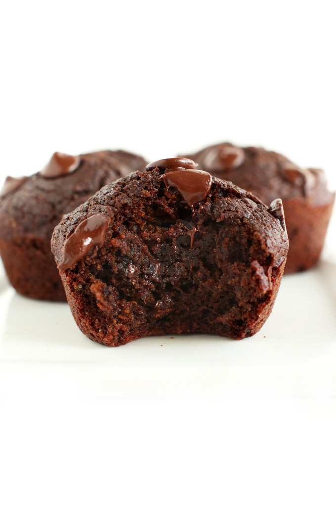 Showing to fudgy inside of our Double Chocolate Beet Vegan Muffins