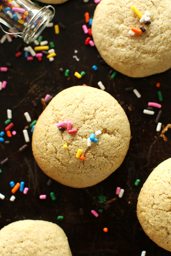Baking sheet with fluffy Gluten-Free Sugar Cookies topped with sprinkles