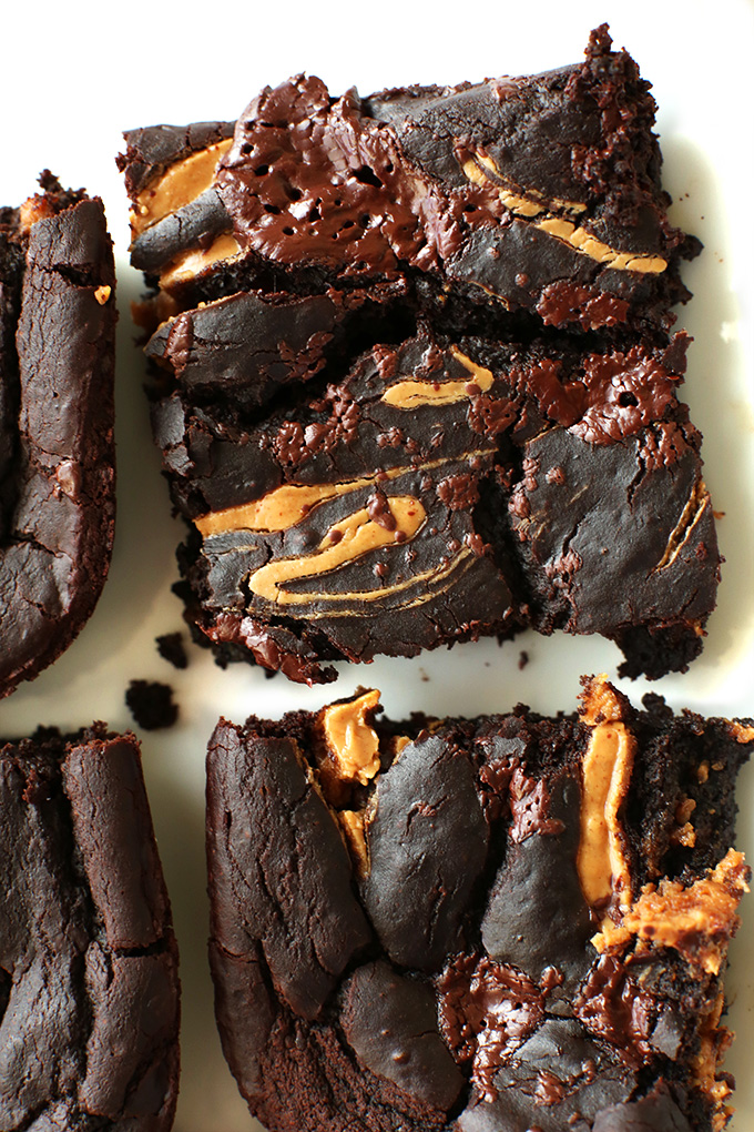 Large slices of gluten-free Vegan Black Bean Brownies with Peanut Butter Swirl