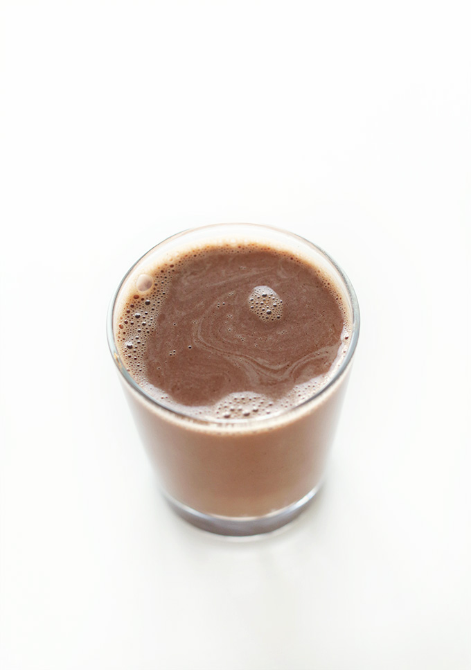Glass filled with simple and delicious Vegan Hot Chocolate