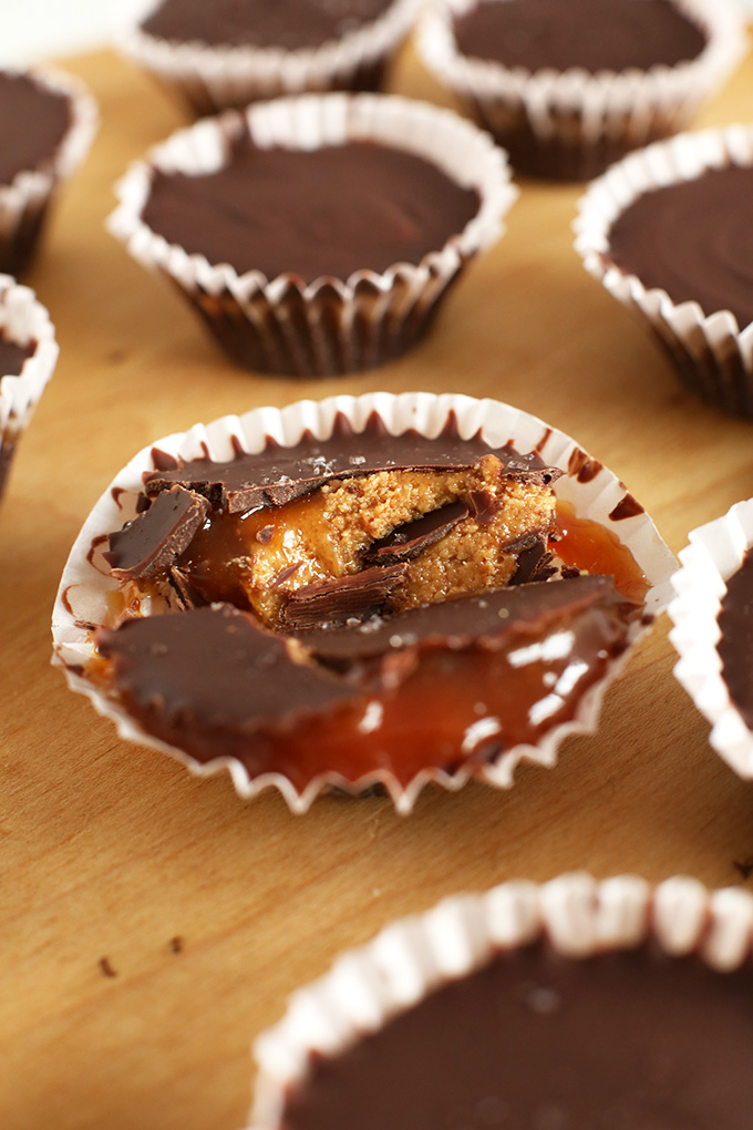 Almond Butter Cup crushed open to reveal the caramel nut butter center