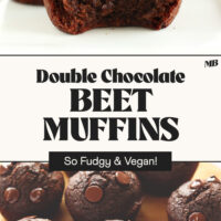 Photos of Double Chocolate Beet Muffins with text that says so fudgy and vegan