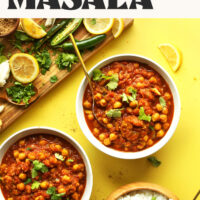 Two bowls of chana masala and a bowl of rice with text above saying 1 pot and 30 minutes