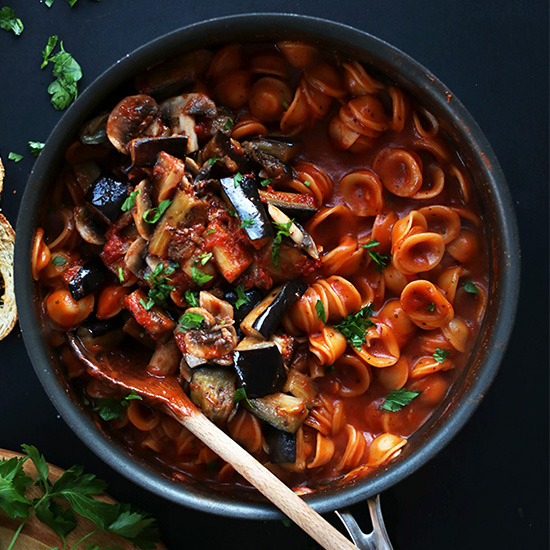 Skillet of 1-Pot Vegan Pasta made with mushrooms and eggplant