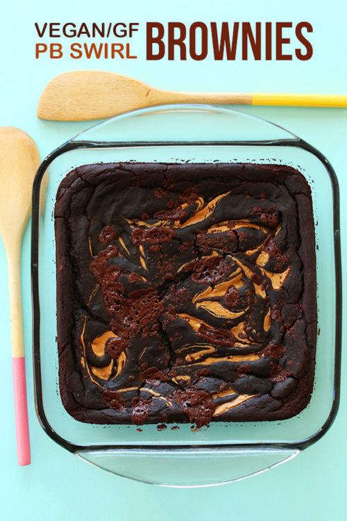 Baking dish filled with a batch of our Vegan GF Peanut Butter Swirl Brownies recipe