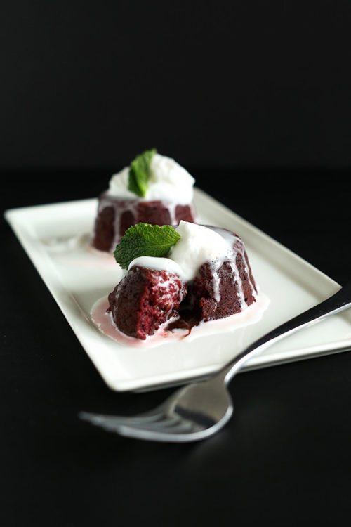 Plate of Vegan Chocolate Lava Cakes for a decadent dessert for 2