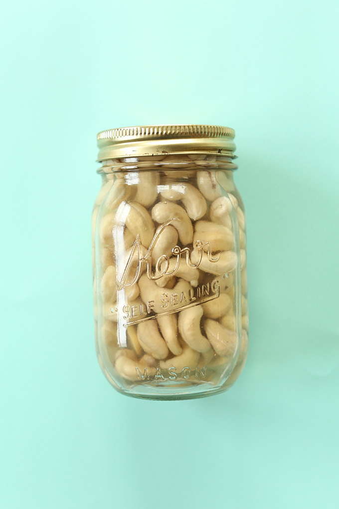 Soaking cashews in a jar for our homemade Vegan Key Lime Pies recipe