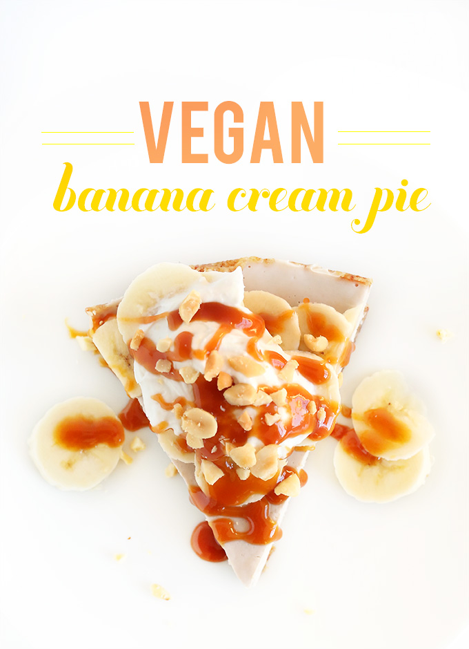 Slice of Vegan Banana Cram Pie topped with banana slices, coconut whip, peanuts, and caramel sauce
