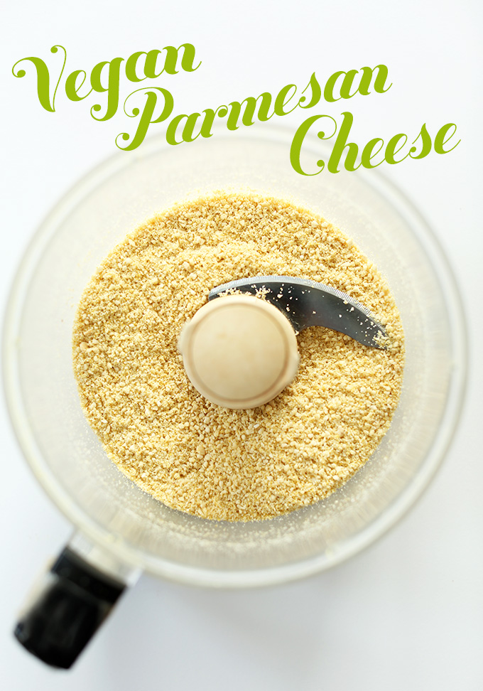 Food processor filled with a fresh batch of our Vegan Parmesan Cheese recipe