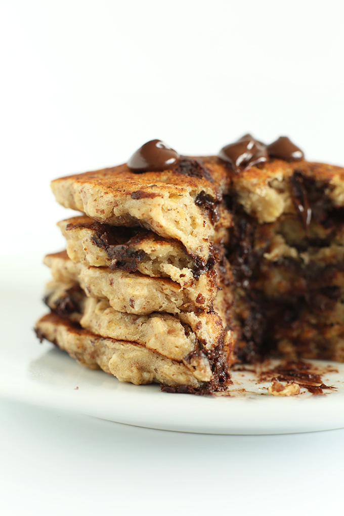 Stack of Healthy gluten-free vegan Chocolate Chip Oatmeal Cookie Pancakes