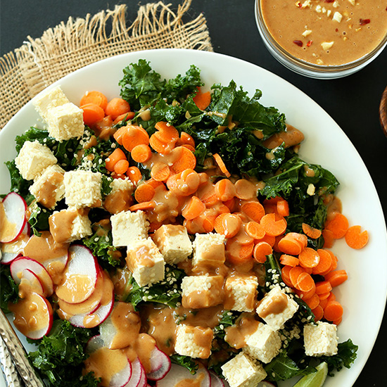 Plate of Vegan Gluten-Free Thai Kale Salad made with tofu