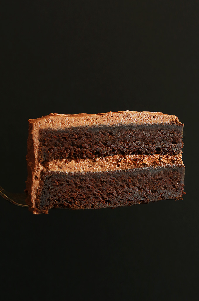 Slice of Vegan Chocolate Cake with chocolate frosting