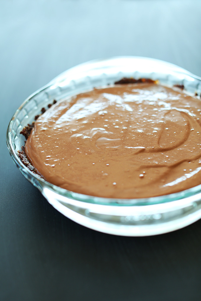Pie pan filled with a batch of our Vegan Chocolate Cream Pie recipe