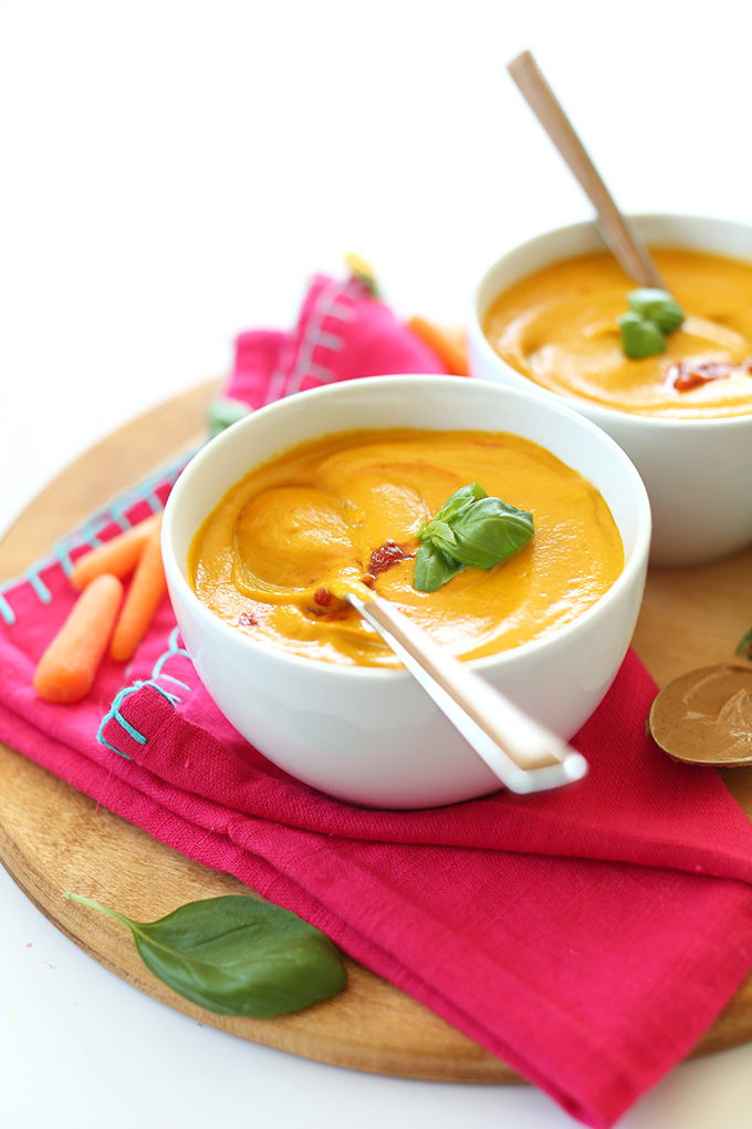 Bowls of Creamy Carrot Soup for a healthy gluten-free vegan dinner