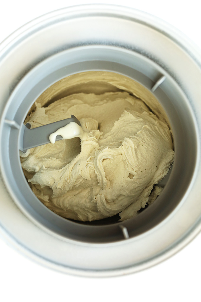 Batch of our Creamy Vegan Mint Ice Cream recipe chilling in an ice cream maker