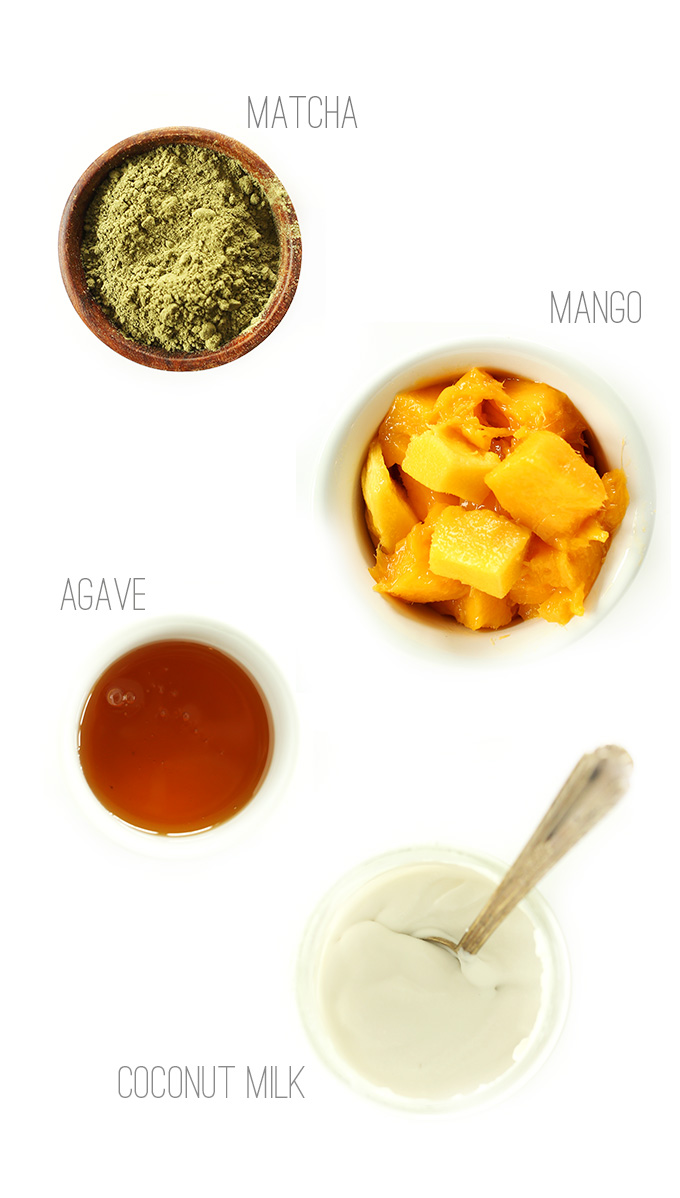 Matcha, mango, agave, and coconut milk for making Mango Green Tea Pops
