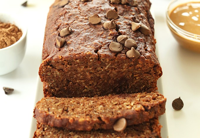 Loaf of our one bowl easy Peanut Butter Chocolate Banana Bread