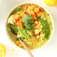 Bowl of Simple Coconut Curry made with carrots and snap peas