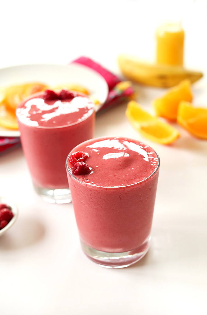 Two glasses filled with our Summer in a Cup Smoothie recipe