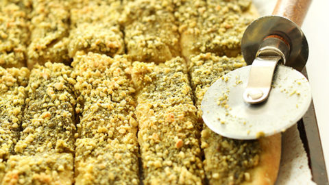 Freshly baked then sliced Vegan Pesto Breadsticks