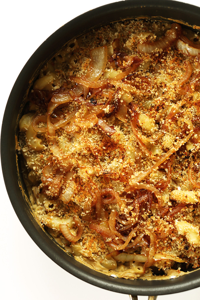 Pan of our vegan Caramelized Onion Mac n Cheese