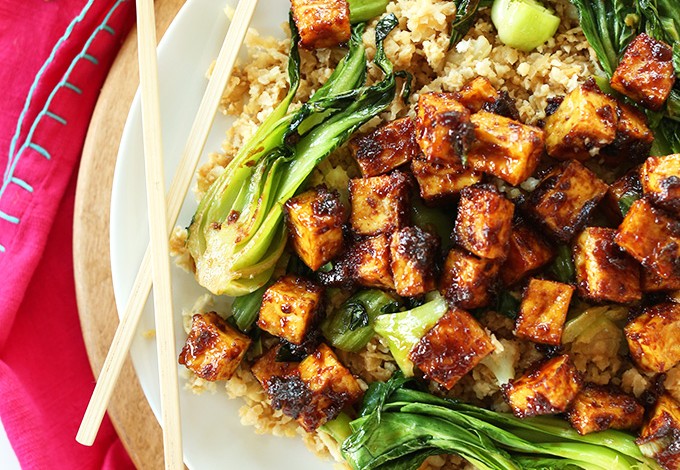 Cauliflower rice, baby bok choy, and Crispy Baked Tofu for a healthy gluten-free vegan meal