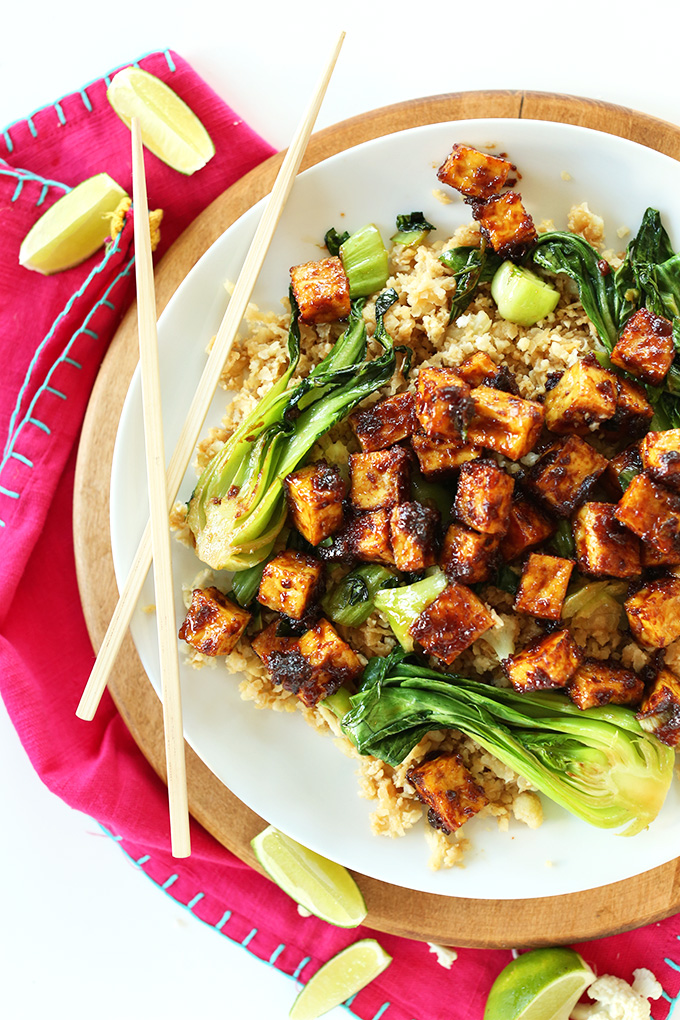 Cauliflower rice, baby bok choy, and Crispy Baked Tofu for a healthy gluten-free vegan meal